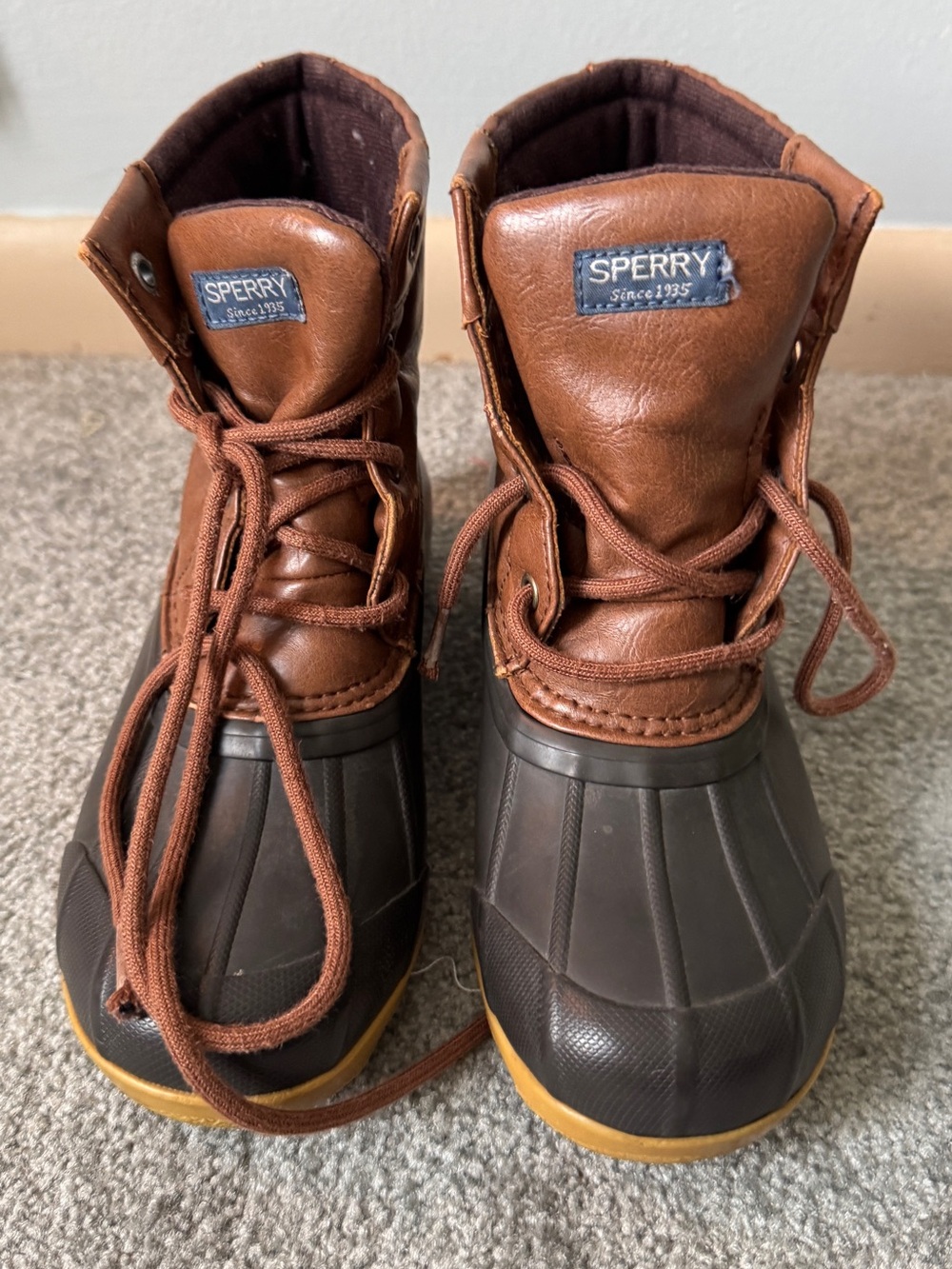 Sperry Kids Brown Leather & Dark Brown Rubber Rain Boots with Tan Soles